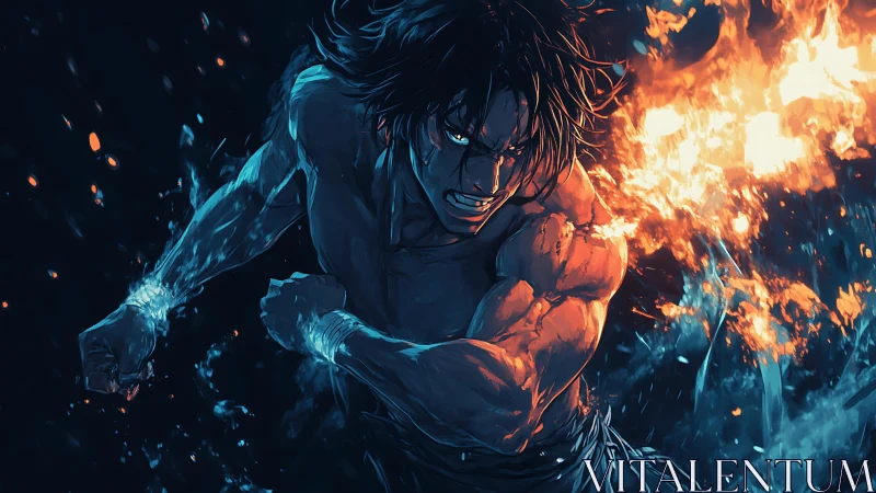 Fierce flame fighter charging through swirling night fire.