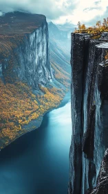 Vertical cliff face overlooks narrow fjord and forested valley