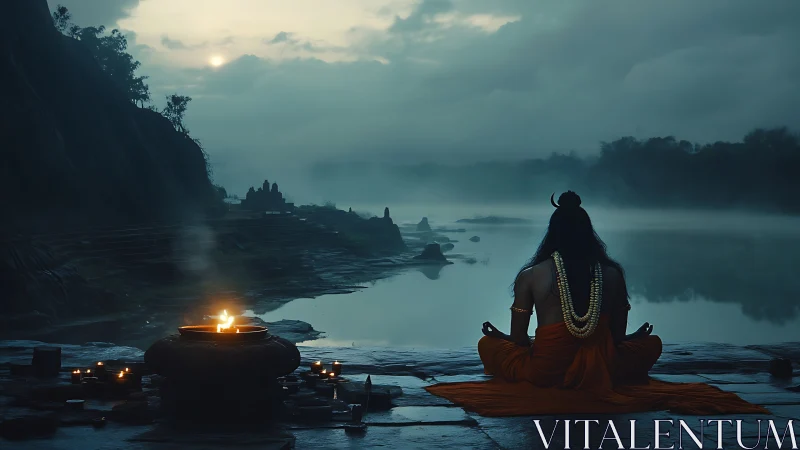 River mist cradles a saffron sage in pre-dawn stillness