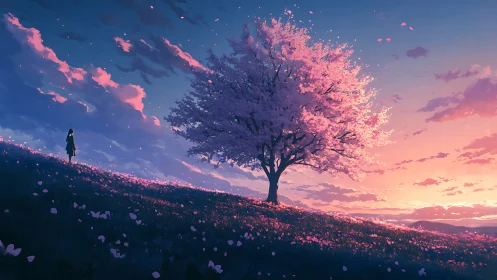 Solitary figure under glowing cherry blossom at sunset.