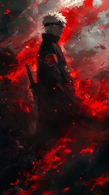 Anime warrior in black cloak stands in swirling red flames