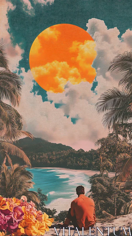 Solitude under a molten tangerine sun on dream-coastline.