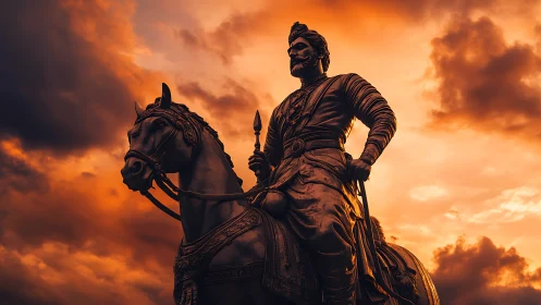 Equestrian bronze warrior monument under dramatic sunset sky
