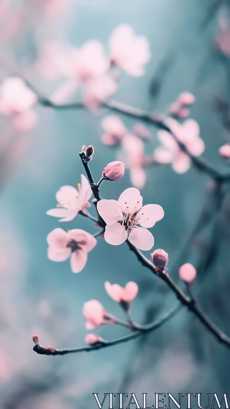 Cherry blossoms dance against misty turquoise skies