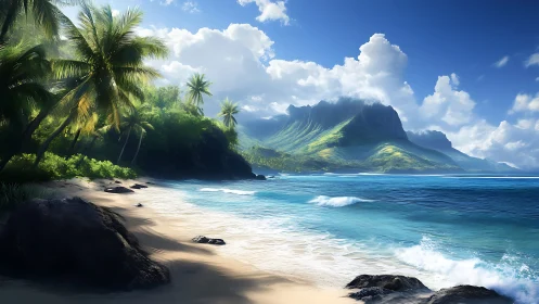 Tropical Coastal Landscape with Mountain and Palm Beach
