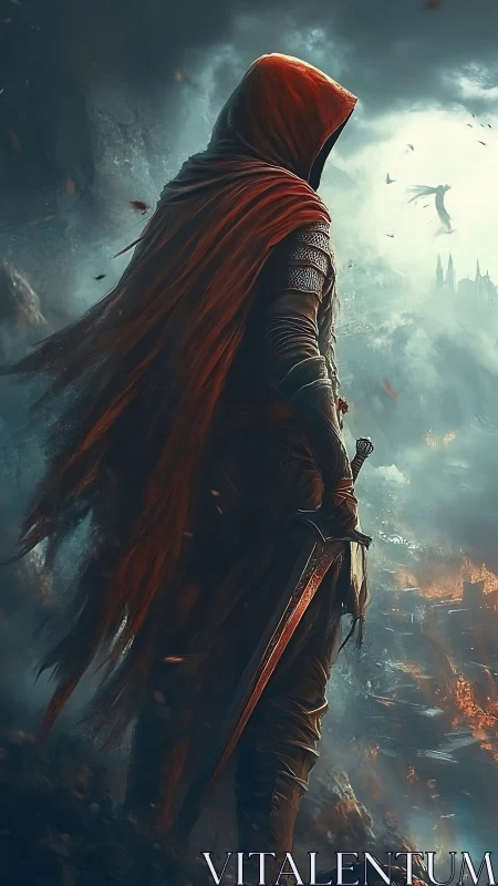 Hooded dragonslayer stands in embered mist before ruin.