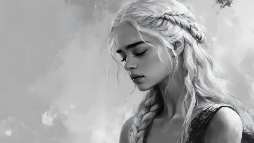 Monochrome digital portrait isolates a pensive braided figure