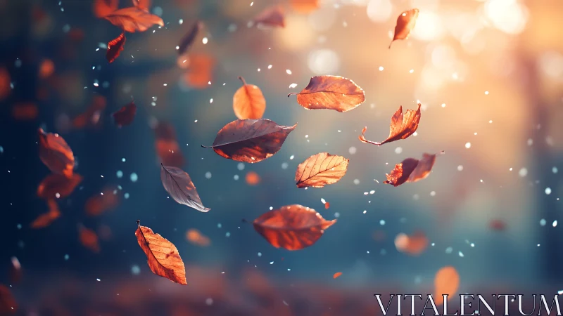Golden autumn leaves drifting through soft evening light.