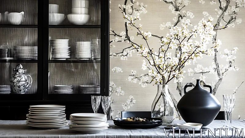 Dining sideboard displays white tableware and spring branches