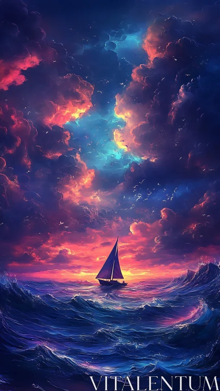 Sailboat on open sea under vivid sunset cloud formations.
