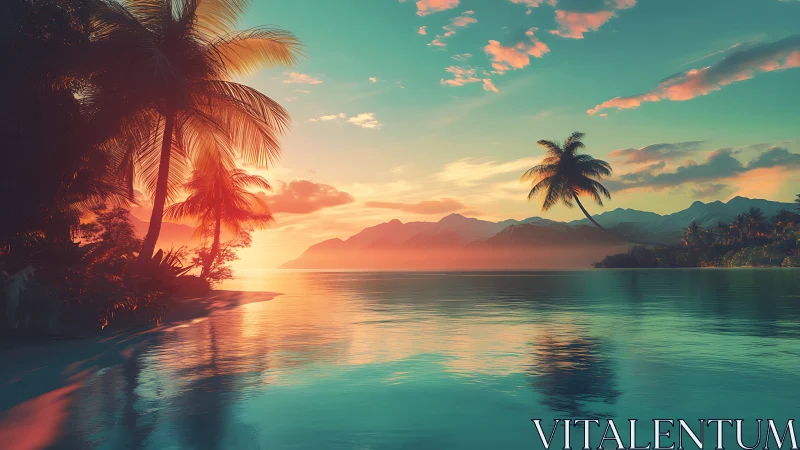 Tropical lagoon sunset with palm silhouettes and warm rim light