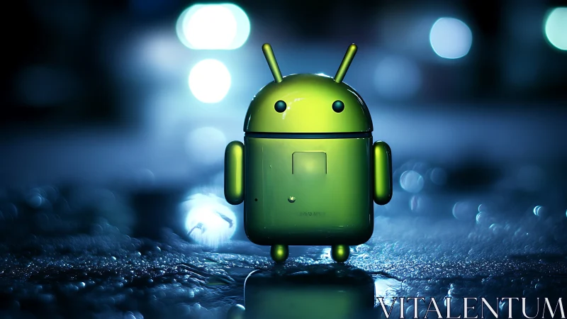 Green android robot figure on wet reflective surface at night.