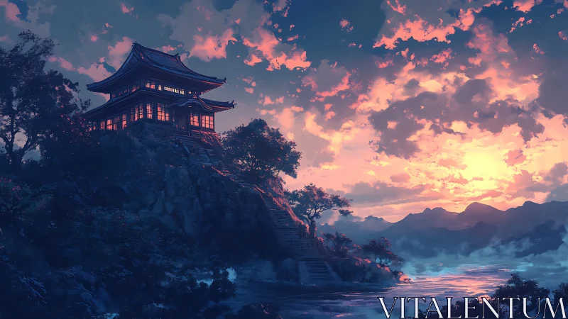 Hilltop pavilion overlooks river under dense sunset sky