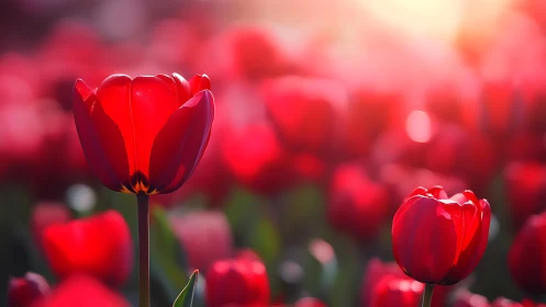Vibrant Red Tulips Backlit Against Bokeh Garden Setting.