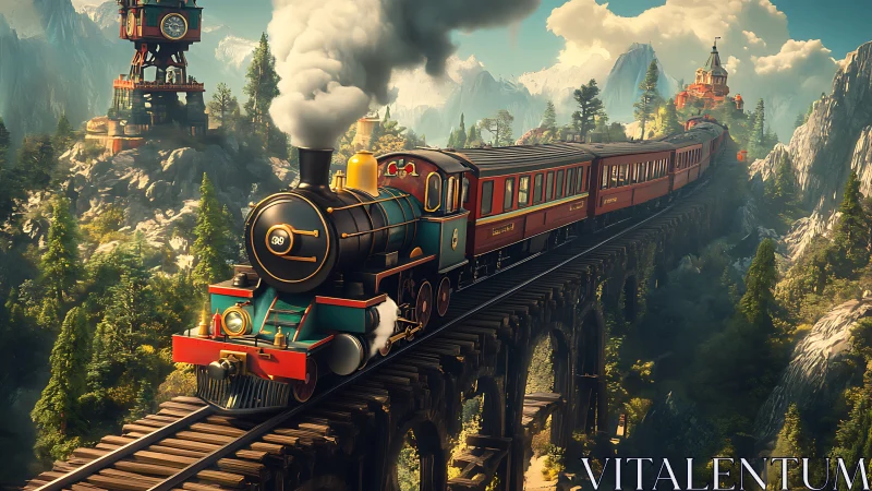 Steam excursion train on elevated mountain viaduct, daylight