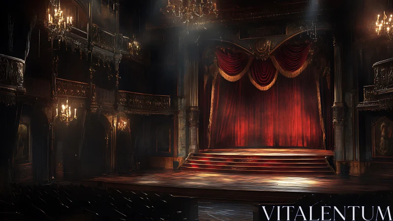 Grand proscenium stage under dramatic low-key theater lighting