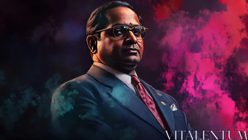 Dignified leader in a colorful, dramatic digital portrait.