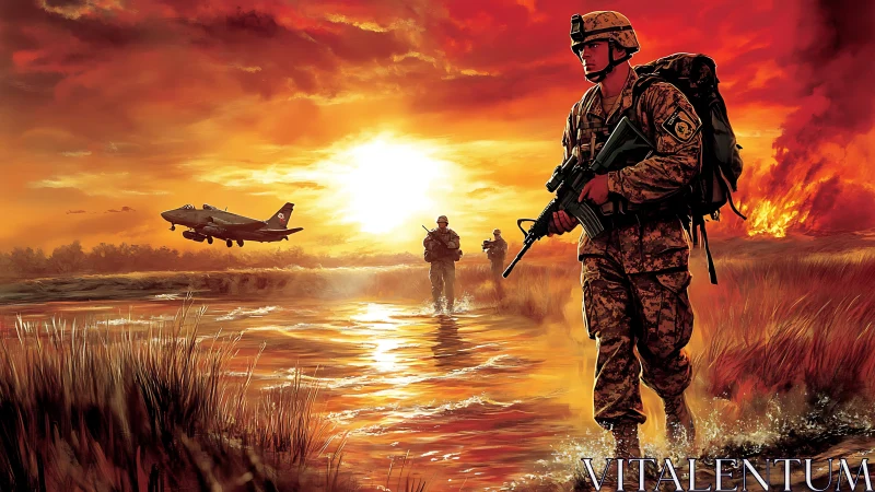 Sunset firestorm crowns soldiers marching through burning tide