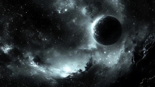 Dark exoplanet within luminous spiral nebula field.