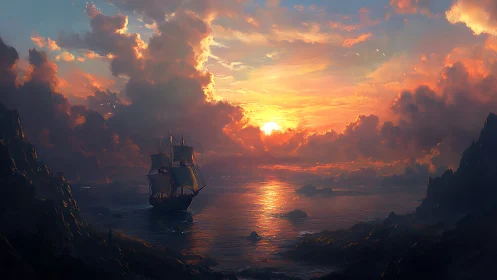 Sunset-sliced waves escort a lone brig through burning clouds