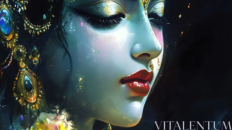 Digital profile portrait shows jeweled figure with closed eyes