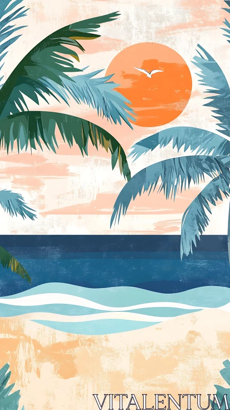 Sunlit palm shore with gentle waves and a painted sky.