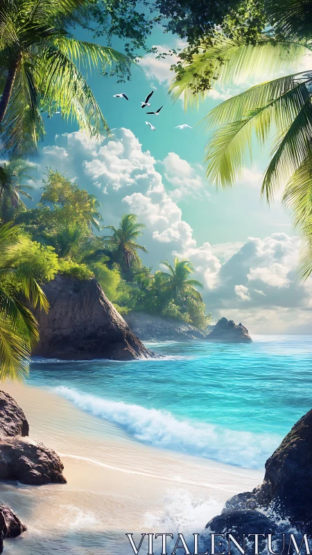 Tropical Shoreline with Palm Framing and Turquoise Waters