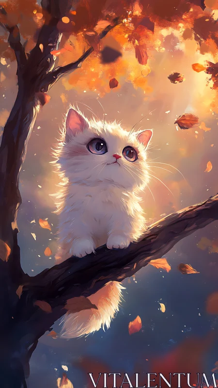 Luminous Kitten Perched Among Burning Autumn Reverie.