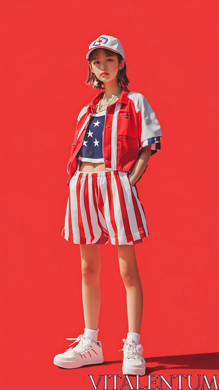 Confident streetwear girl in bold red striped summer set.