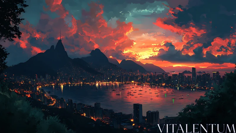 Digital seascape city skyline shows bay and mountains at dusk