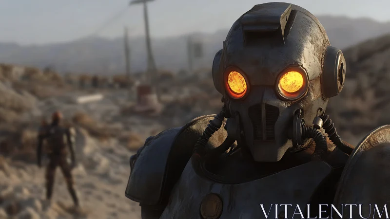 Post-apocalyptic combat android with glowing optics in desert scene.