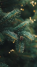Macro evergreen branch with pinecone and warm festive bokeh.