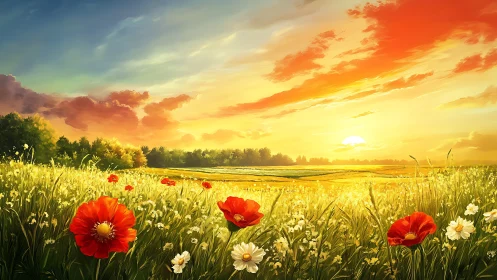 Poppy meadow at golden hour under saturated sunset sky