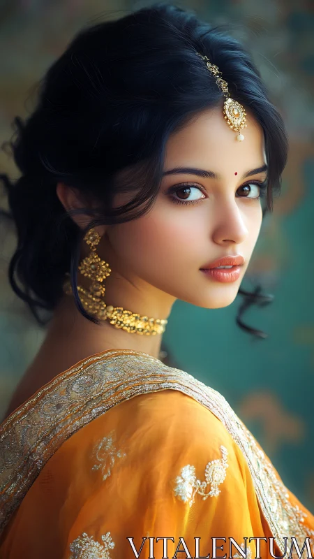 Graceful portrait in saffron sari with ornate gold jewelry.