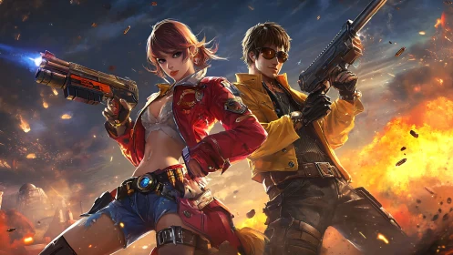 Daring gun-slinging duo carve neon chaos through firestorms