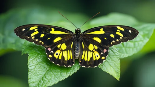 Golden-winged butterfly resting softly on fresh green leaf.