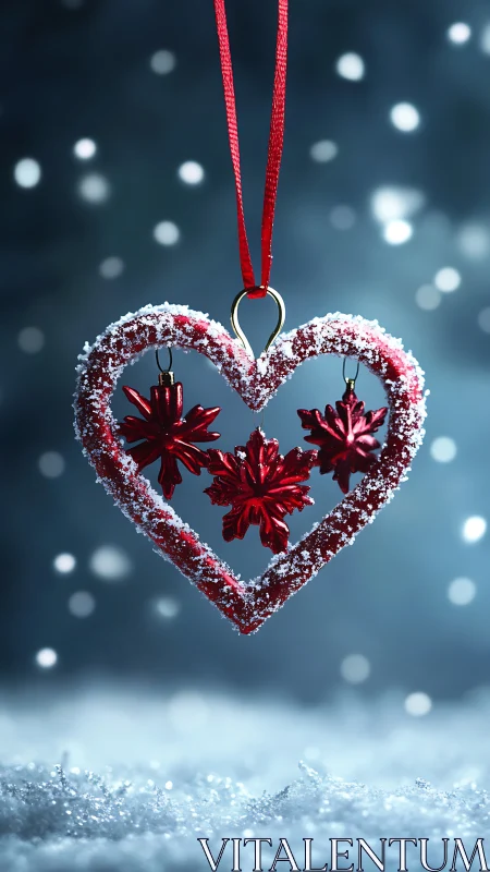 Red heart ornament with snowflakes in a snowy blur scene.