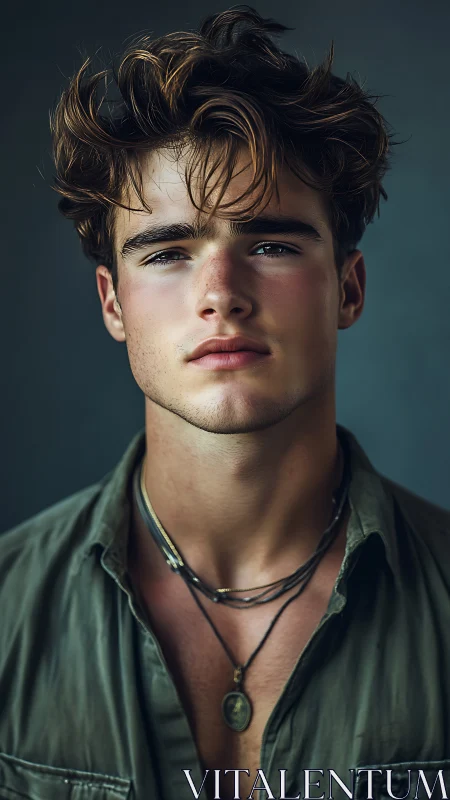 Portrait of tousled-haired young man in soft studio light.