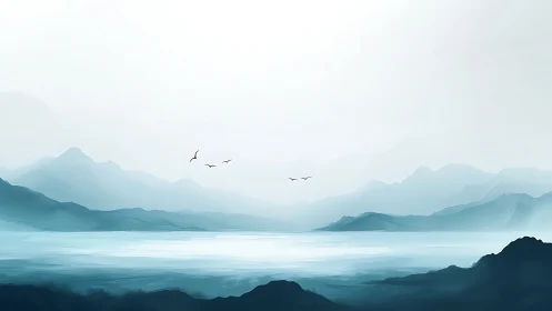 Minimalist cyan lake with layered misty mountain silhouettes