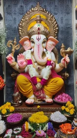Ganesha idol sits on ornate throne amid vivid floral offerings