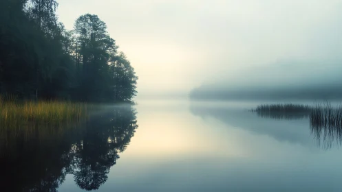 Foggy lake reflects trees and reeds in soft morning light