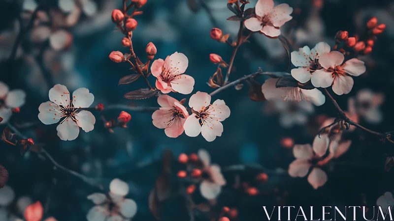 Spring Blossoms Against Teal Backdrop with Warm Atmospheric Depth.
