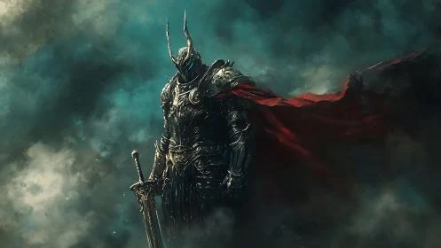 Armored dark knight with sword and red cloak in mist.