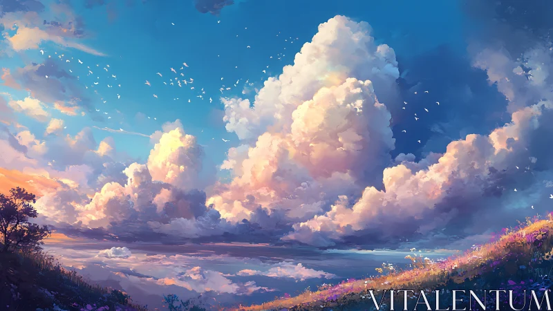 Luminescent Cumulus Over Wildflower Slope at Sunset.