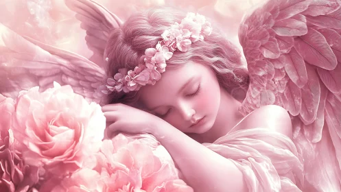 Blushing angel drifts into dreams on a bed of soft roses