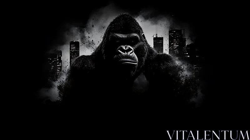 Gorilla silhouette is centered against distant city skyline