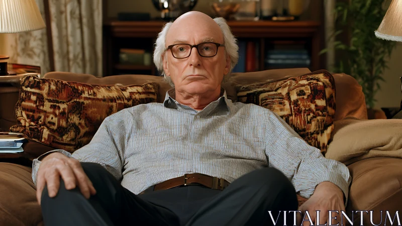 Elderly man rests on sofa in warmly lit living room interior.