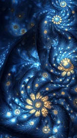 Galactic blue fractal blooms swirl in luminous spirals.