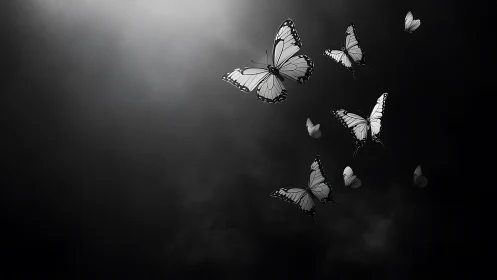 White butterflies ascending through moody monochrome gloom.
