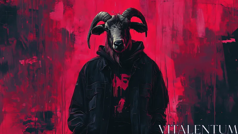 Horned humanoid silhouette stands before harsh crimson void